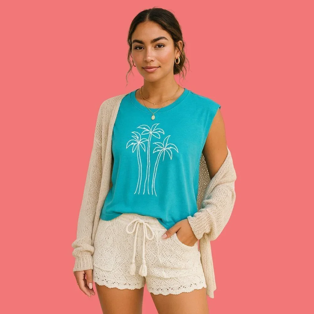 Old Navy Palm Tree Graphic Tank Top – Blue Linen Blend Women’s Size M - Picture 1 of 6